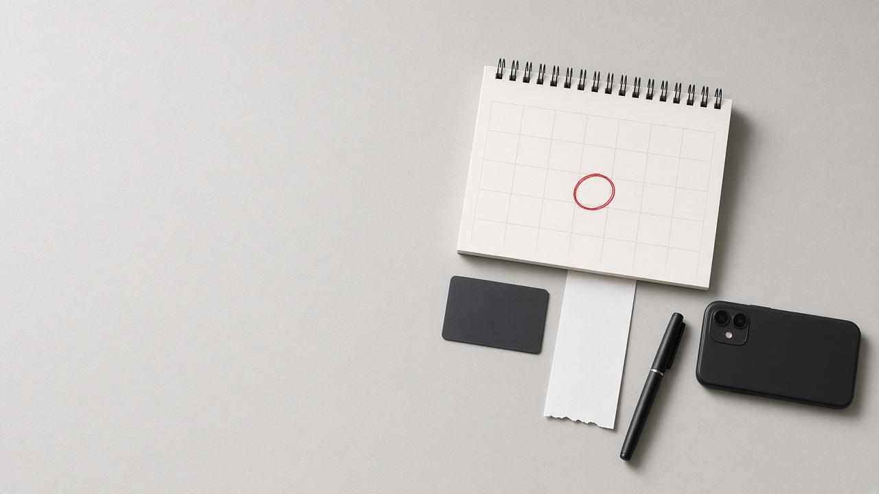 Calendário com uma data circulada ao lado de um cartão de fidelidade, um recibo e um celular