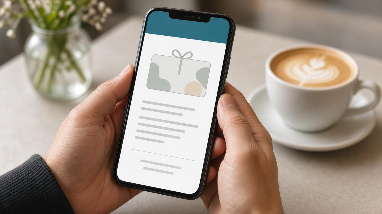 Mãos segurando um celular com um e-mail de boas-vindas aberto na tela
