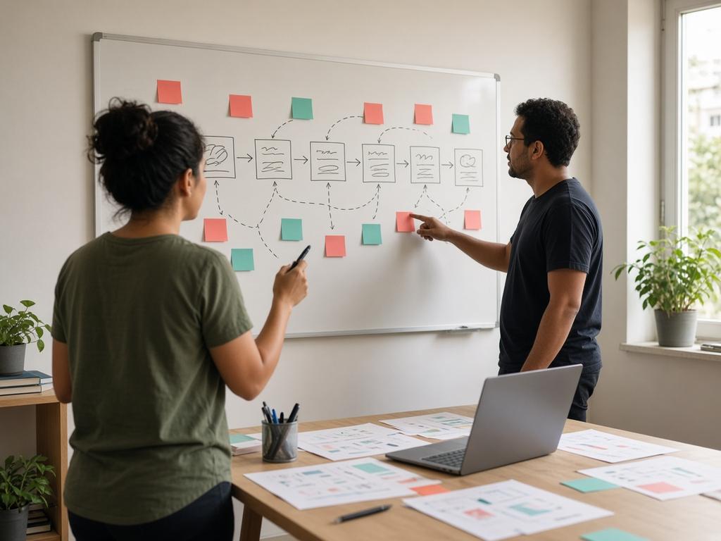 Duas pessoas planejando uma régua de comunicação em um quadro branco com notas adesivas